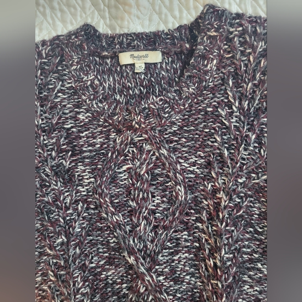 Madewell Alpaca Wool Blend Chunky Cable Knit Sweater Marled Burgundy Grey Size M - Picture 2 of 6